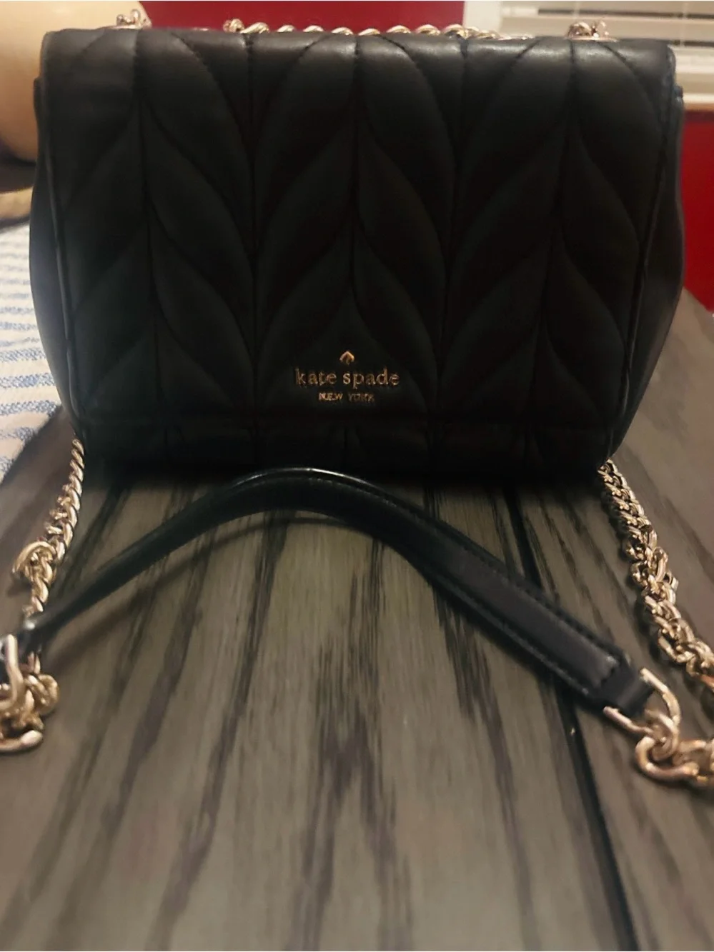 kate spade Black Quilted Leather Crossbody with Gold Chain